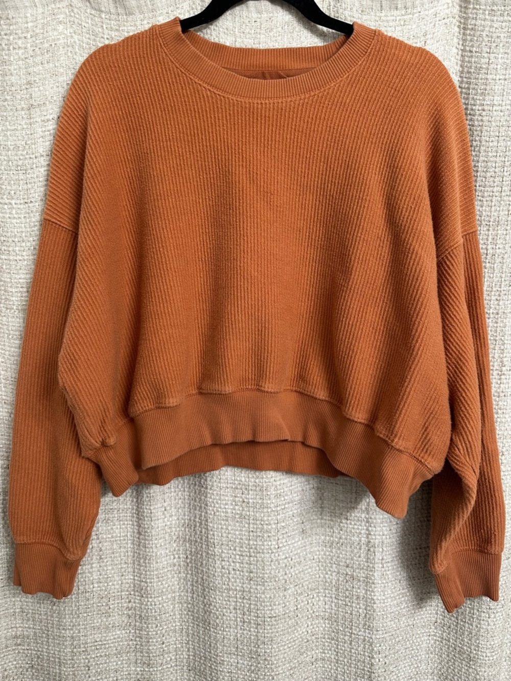 Aerie Oversized Cropped Ribbed Corded Crewneck Sweatshirt Rust Orange Size Small